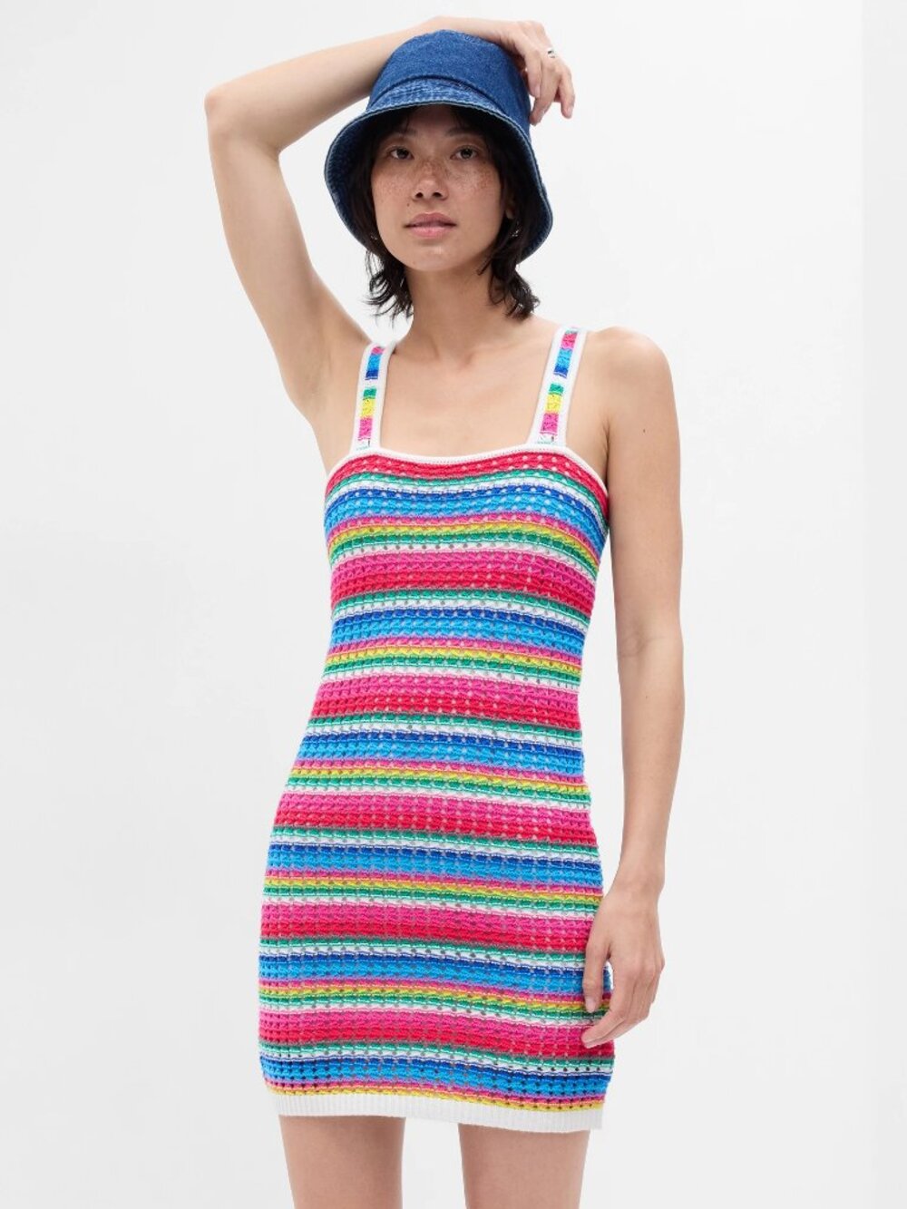 GAP Rainbow Striped 100% Cotton Crochet Knit Mini Dress, Size XS